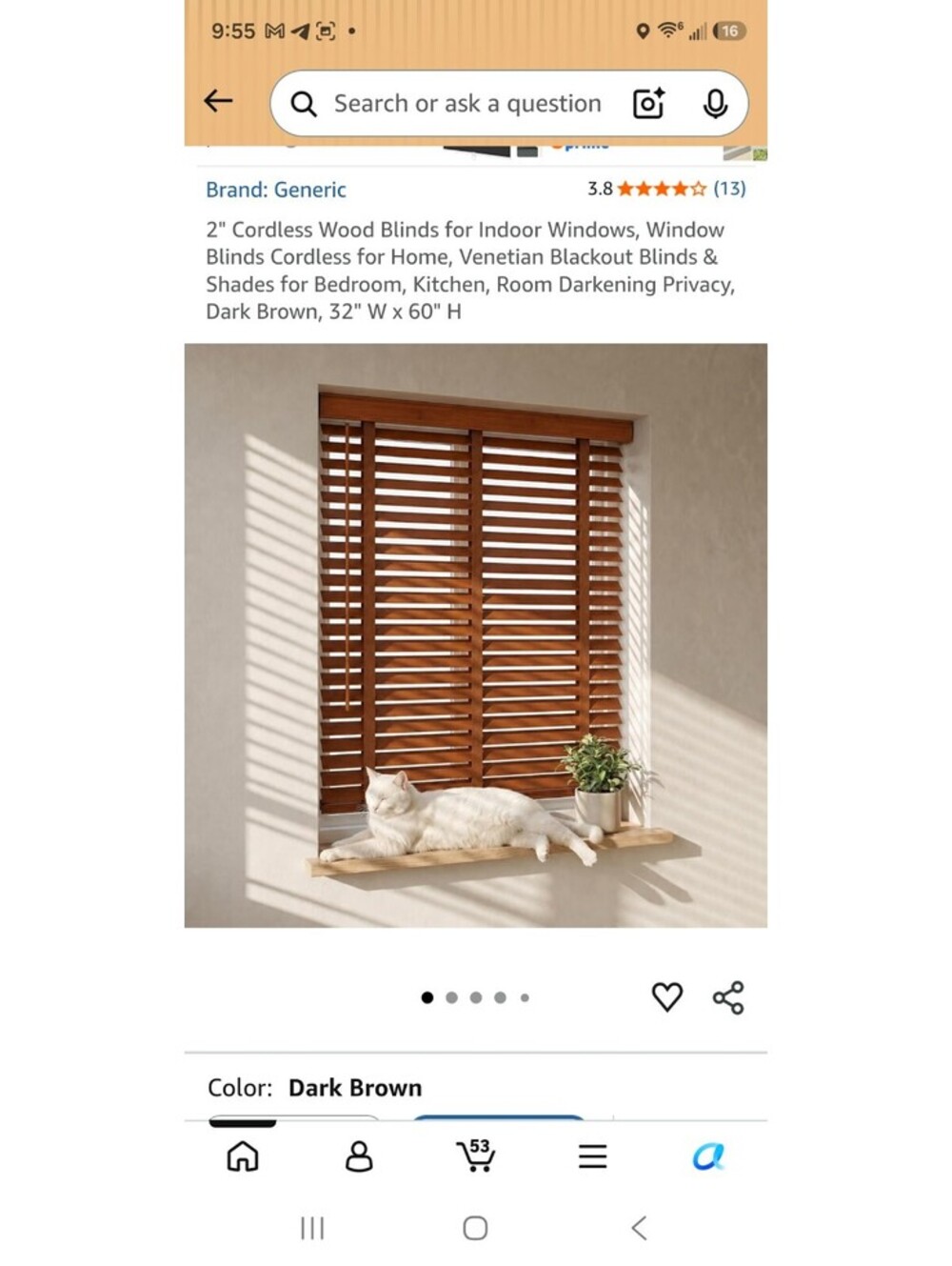 2" Cordless Wood Blinds for Indoor Windows, Dark Brown, 32" W x 60" H